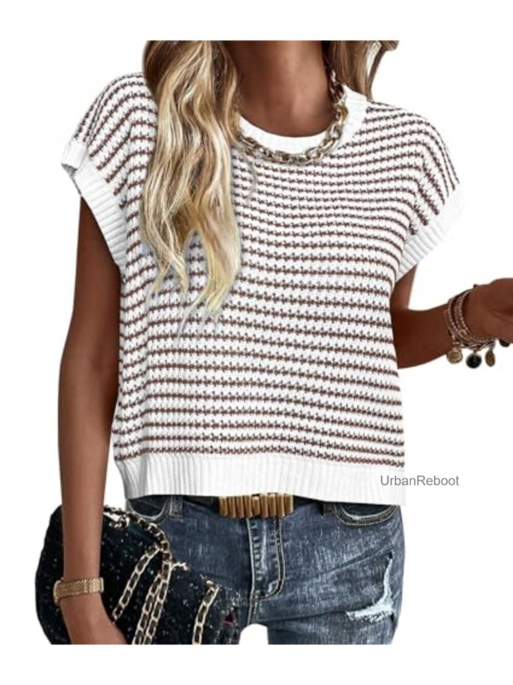 Striped Knit Short Sleeve Sweater Vest Cap Sleeve Pullover Top